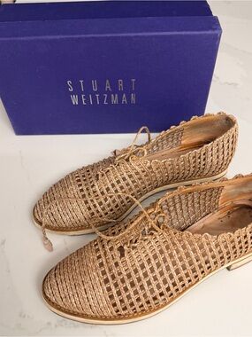 Stuart Weitzman Neutral Woven Lace-Up Flats